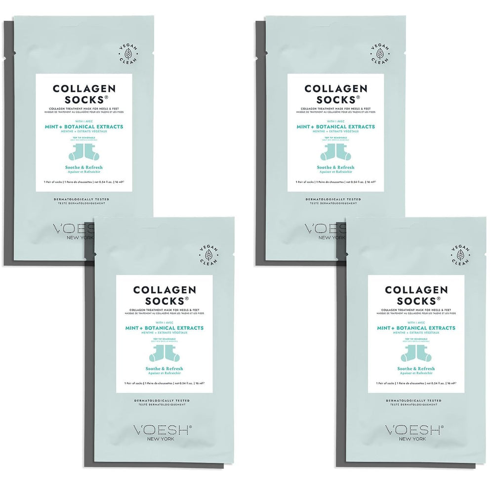 VOESH Collagen Socks 4-pack packaging shows vegan spa treatment convenience.