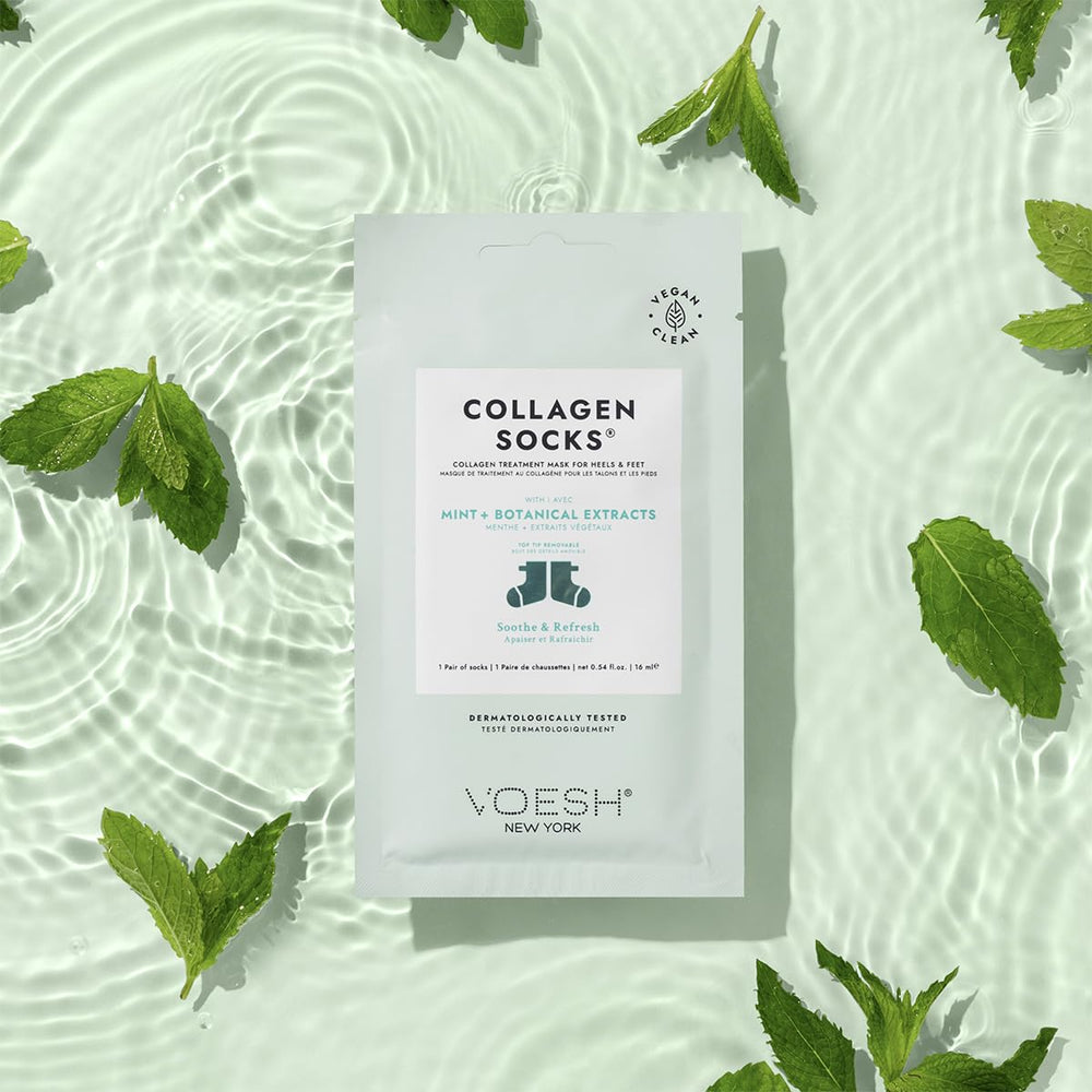 VOESH collagen socks pack shown for salon or home pedicure.