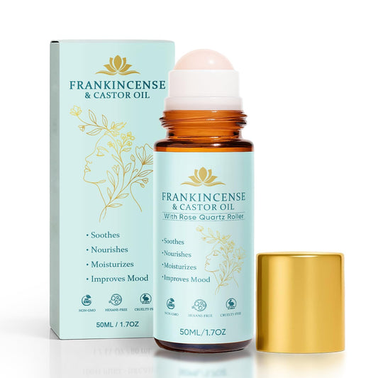 VOGUZY frankincense and castor oil roller bottle for daily facial hydration.