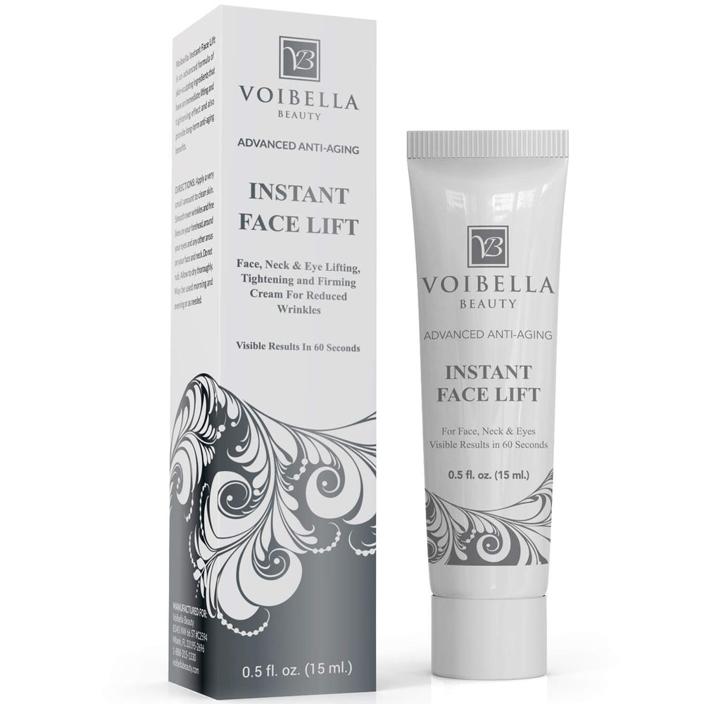 Voibella Instant Face Lift Cream tube shows an instant lift for smoother skin.