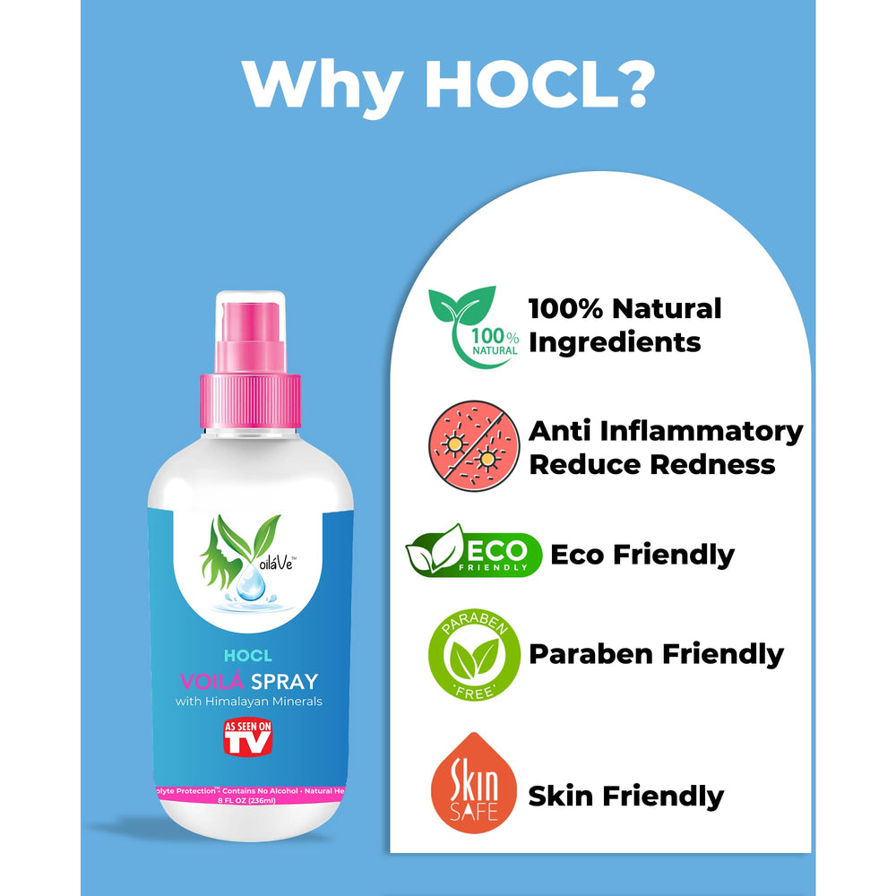 VoilaVe HOCL Spray mist on skin showing refreshing, gentle application.