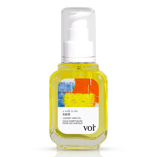 Voir Haircare Luxury Hair Oil bottle shows a lightweight, frizz-taming formula