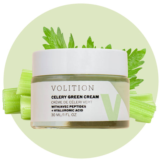 Volition Celery Green Cream bottle pump demonstrates easy application and hydration.