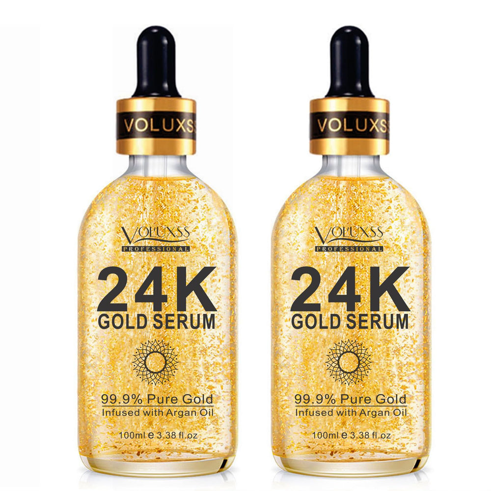 Voluxss 24K gold serum bottle closeup for radiant skin.