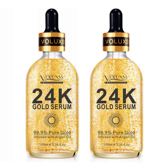 Voluxss 24K gold serum bottle closeup for radiant skin.