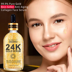 Voluxss 24K gold serum foil on vial highlighting luxury anti-aging.