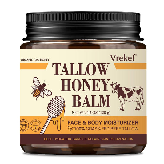 VREKEF beef tallow balm bottle close-up shows rich moisture for dry skin.