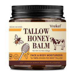 VREKEF beef tallow balm bottle close-up shows rich moisture for dry skin.
