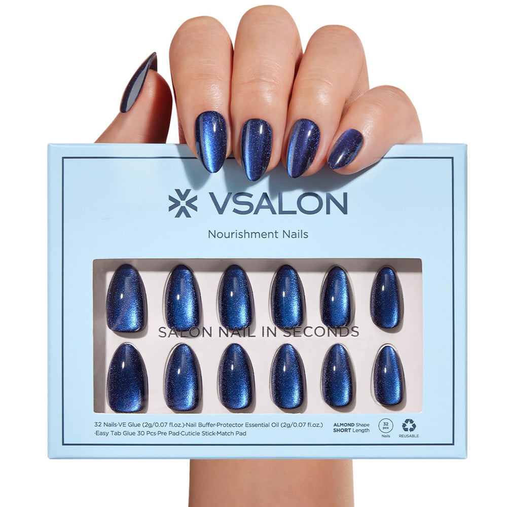 VSALON Blue Cat Eye Nails Midnight Tide glow with a premium gel finish.