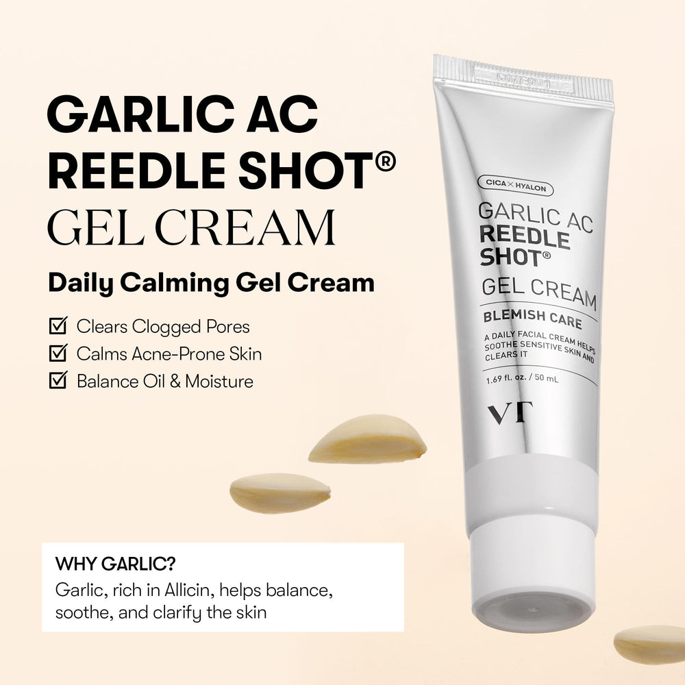 VT COSMETICS Garlic AC Reedle Shot Gel Cream swatch demonstrates quick absorption and non-sticky finish