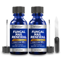 VTROUY toenail fungus treatment bottle close-up, dual-pack for at-home care.