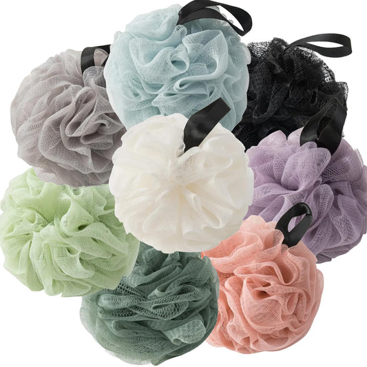 VVmotes loofah sponges with hanging loop for easy storage and quick drying.