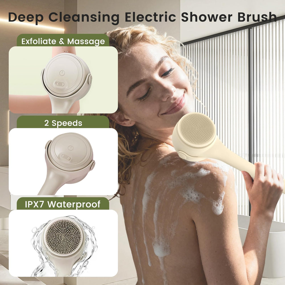 VWMYQ waterproof back scrubber shown in shower for safe wet use