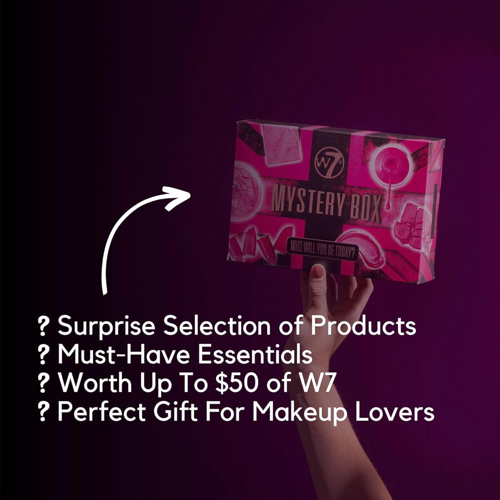W7 makeup set box open lid reveals eye and face products for quick looks.