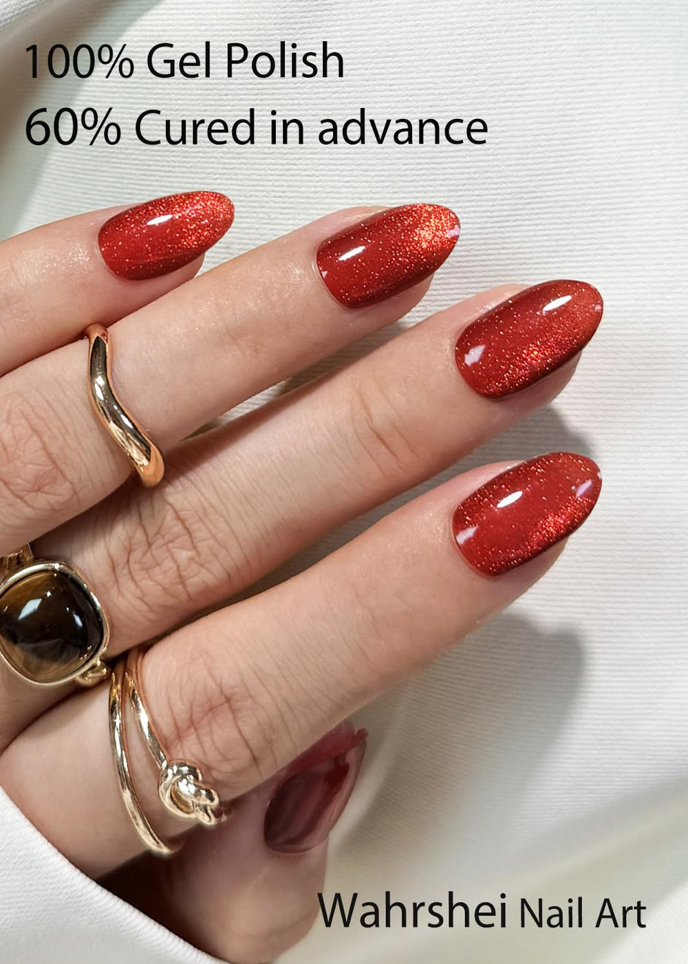 Wahrshei red cat eye gel nail strips close-up after curing