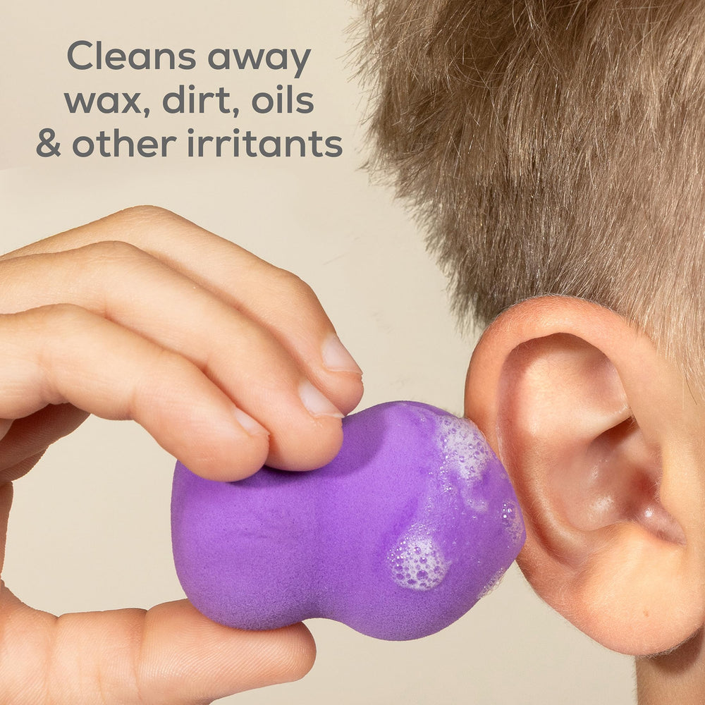 Wally's Natural Kids Ear Scrub sponge shown for circular cleaning around the outer ear.