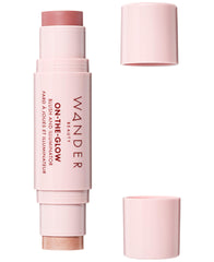 Wander Beauty On-the-Glow swatch on cheek for natural color and dewy finish.