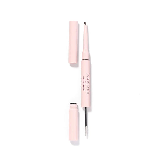 Wander Beauty Upgraded Brows pencil and gel duo packaging for quick, elegant brow grooming.
