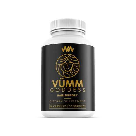 Warped Wellness Vümm Goddess bottle closeup for daily hair support