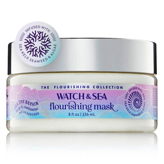 Watch & Sea Deep Flourishing Mask bottle, a rich conditioning treatment for all hair types.