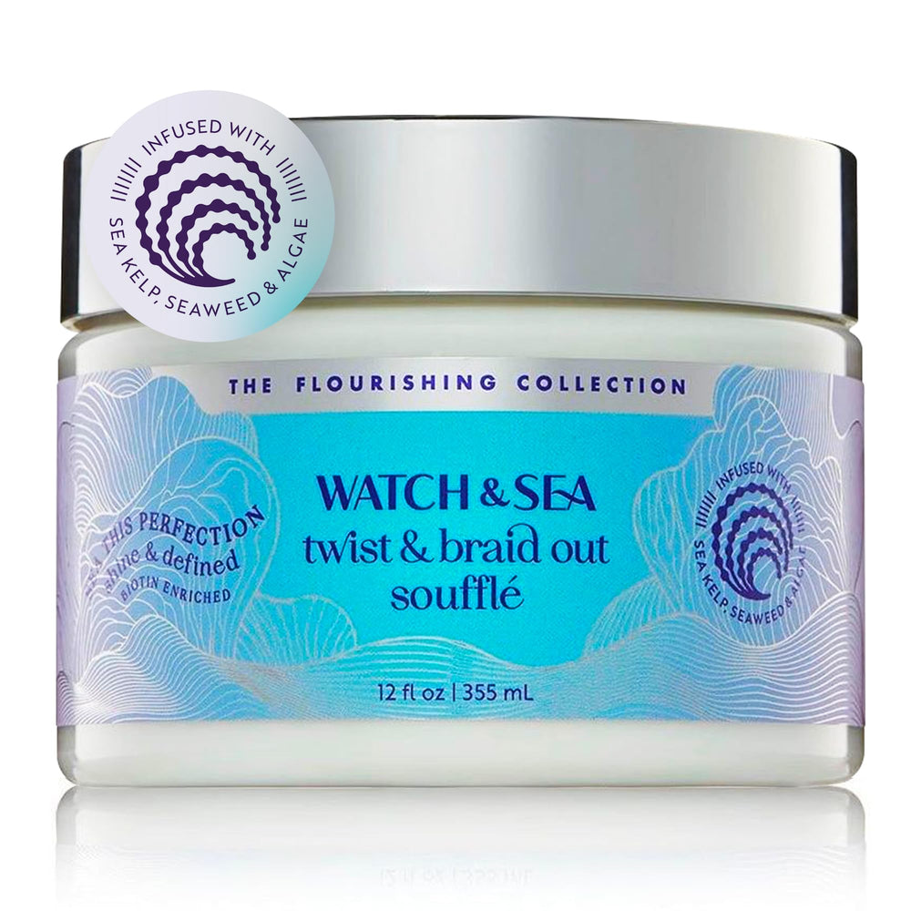 Watch & Sea Twist & Braid Out Soufflé jar shows creamy texture for defined curls
