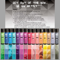 Watercolors shampoo applied to hair to deposit color and condition strands.