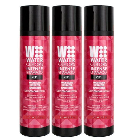 Watercolors Intense color-depositing shampoo in a red bottle, pack of 3 for vibrant color refresh.