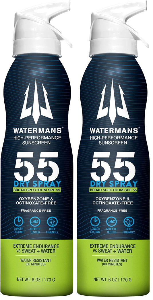 Watermans Dry Spray SPF 55 bottle side view for easy outdoor reapplication.