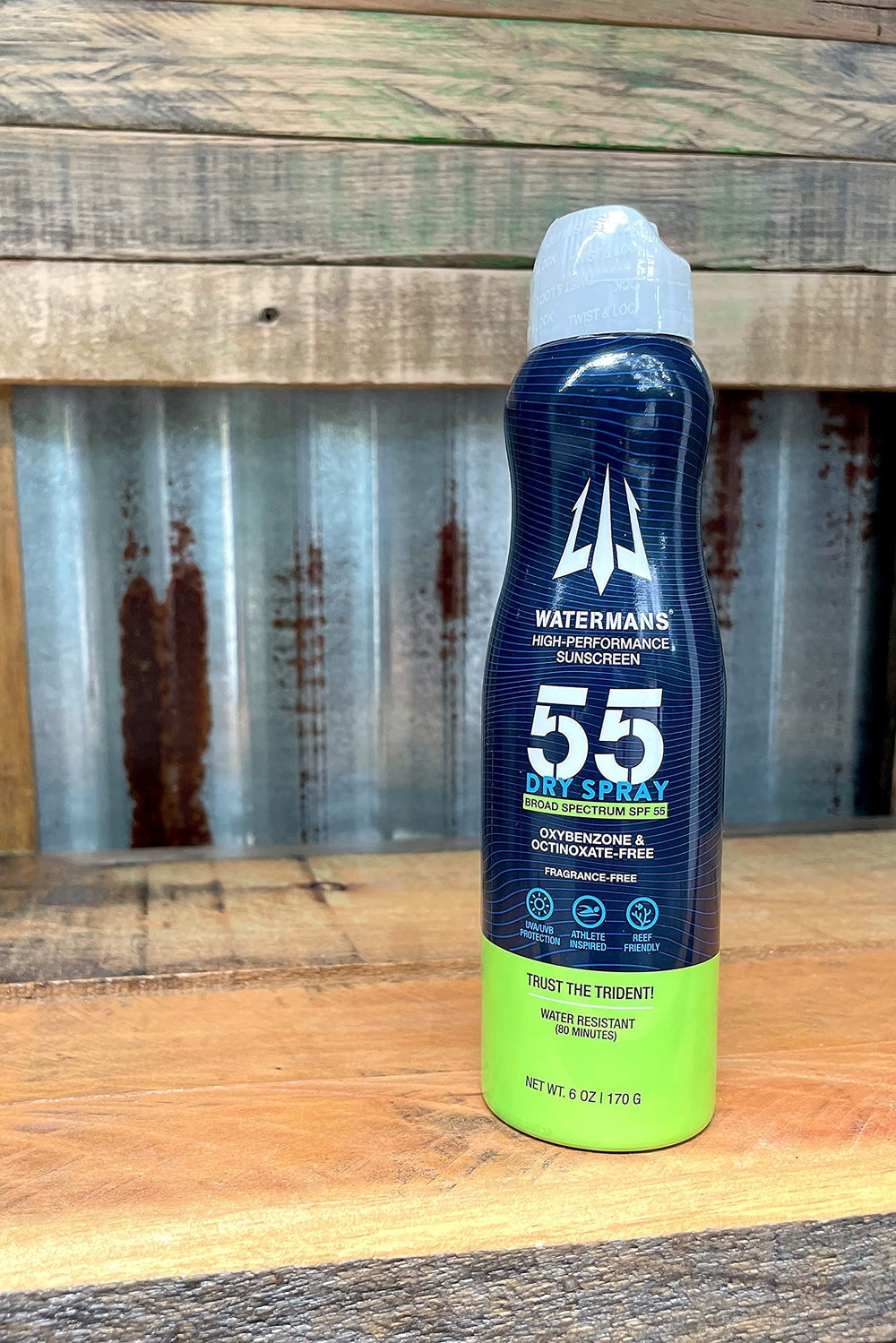 Watermans fragrance-free SPF 55 pack image emphasizing non-scented protection during activities.
