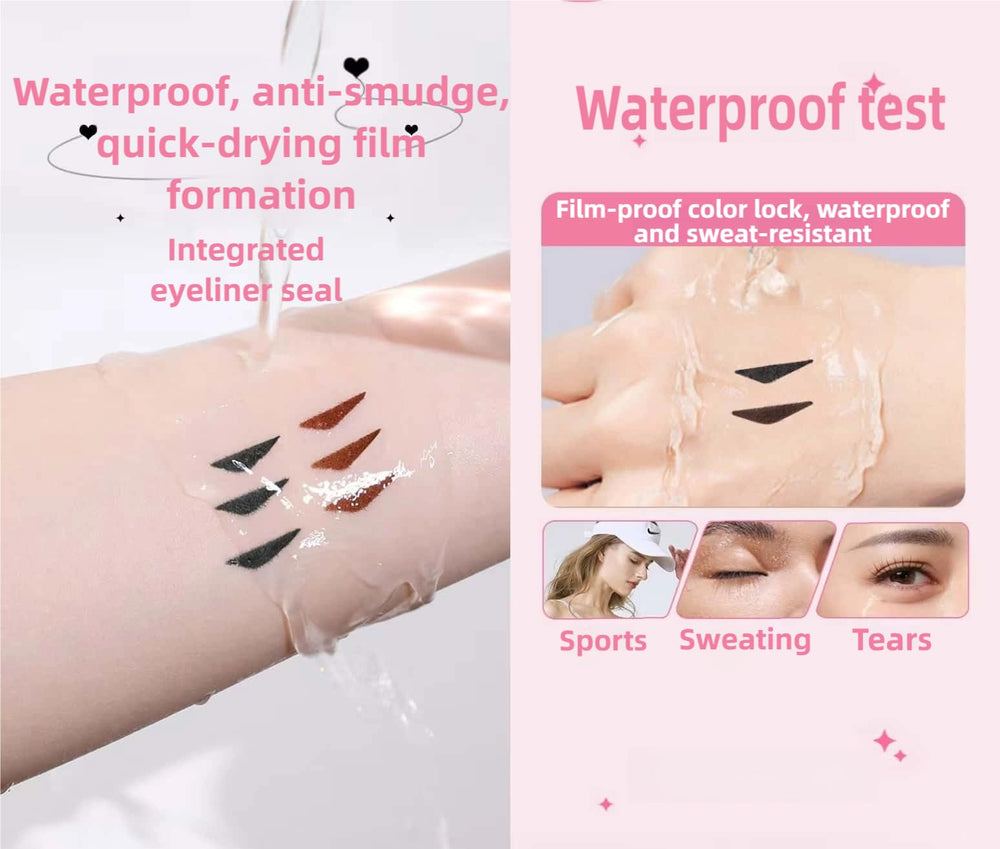 Eyeliner Stamp waterproof formula stays put during activities.
