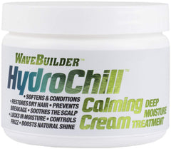 Wavebuilder Hydrochill Calming Cream bottle ready for daily wave routine, smooths and nourishes hair.