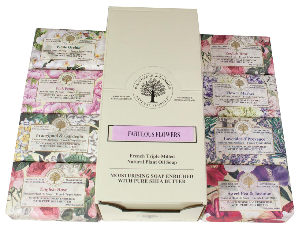 Wavertree and London soap bars variety of floral scents highlighted for daily spa-like shower.