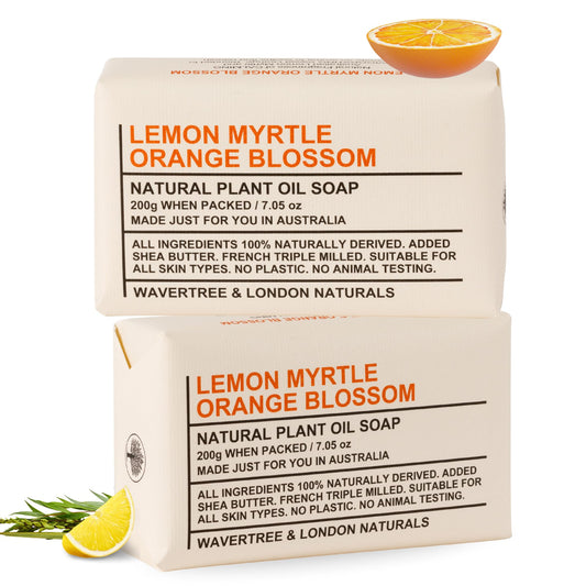 Wavertree & London lemon Myrtle orange blossom soap bar set showcases refreshing bath fragrance.
