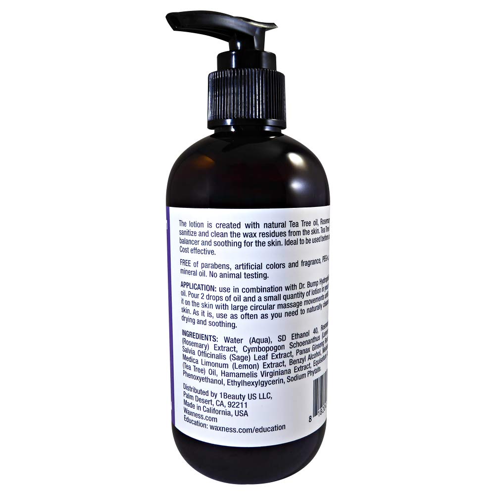 Wax Necessities Waxness Dr. Bump ingredients label highlighting Tea Tree, Rosemary, Sage
