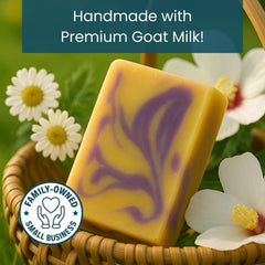 Way Natural French Lavender goat milk soap bar 3-pack close-up texture, rich moisturizing cream.