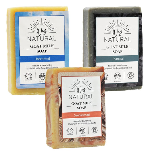Way Natural goat milk soap sandalwood bar with creamy lather for moisturized skin.