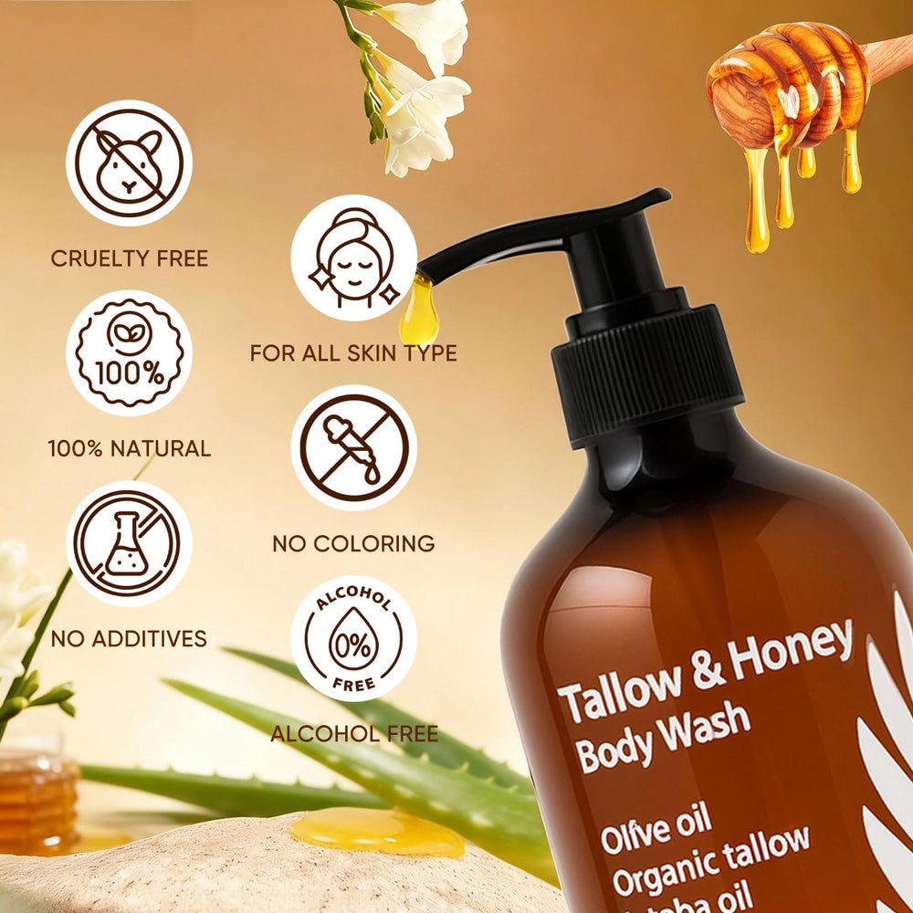 WDVNEX Tallow and Honey body wash in shower setting hydrating cleanse.