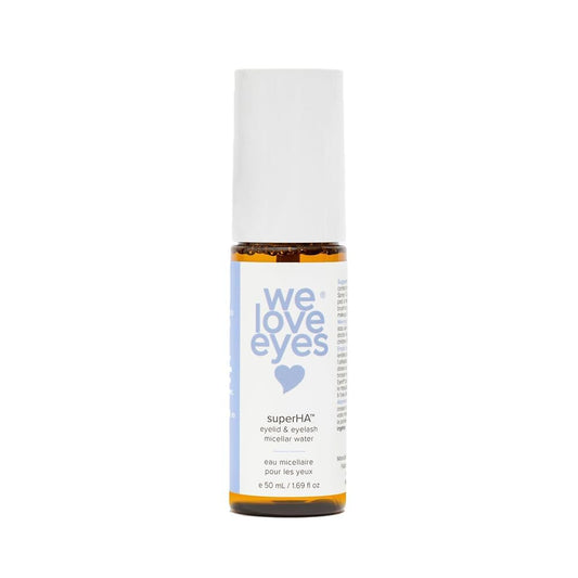 We Love Eyes superHA micellar water bottle pour for gentle eye makeup removal.