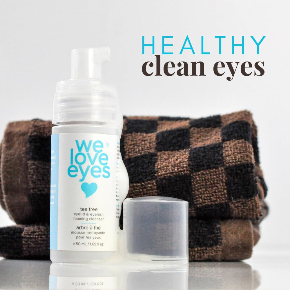 We Love Eyes Tea Tree Cleanser pump bottle in use with a light foaming rinse.