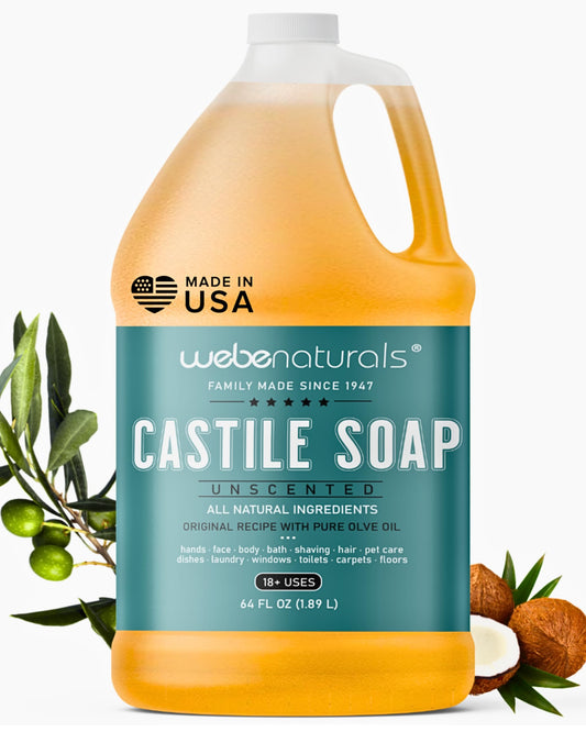 WEBE Pure Unscented Castile soap bottle front, ideal for skin and surfaces cleaning