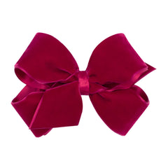 Wee Ones cardinal velvet hair bow close-up with satin lining for festive hairstyles.