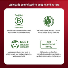 Weleda Natural and vegan ingredients stamp underscores gentle skincare.