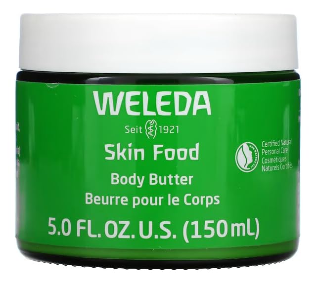 Weleda Skin Food Body Butter with a soft whipped texture for quick absorption.