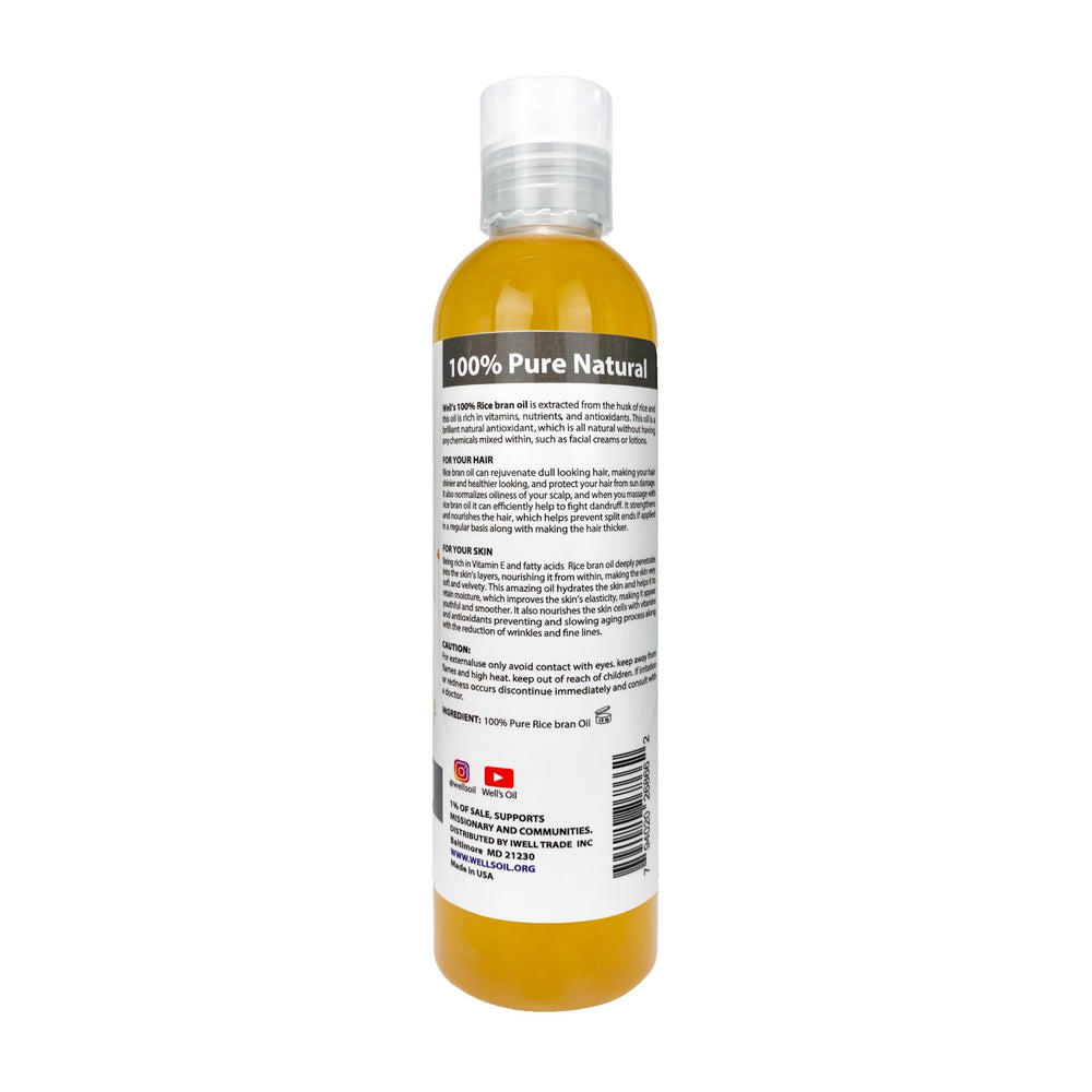 Well's Oil Rice Bran Oil pour demonstrates easy application and quick absorption.