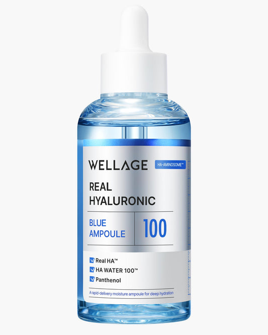 Wellage Real Hyaluronic Blue Ampoule bottle shown for deep hydration.