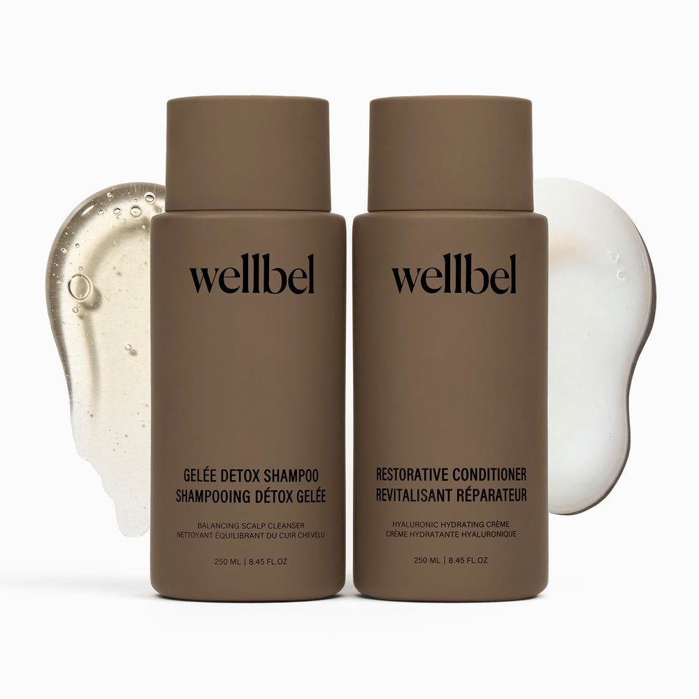 WELLBEL Detox + Restore Duo shampoo bottle promotes scalp cleansing and hydration.
