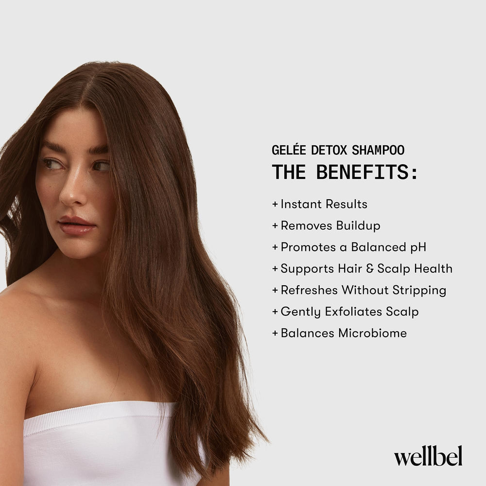 WELLBEL Gelée Detox Shampoo stimulates shine and healthy-looking hair when rinsed.