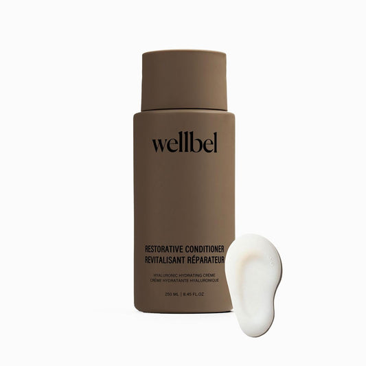 Wellbel Restorative Conditioner bottle highlights lightweight hydration for all hair types.