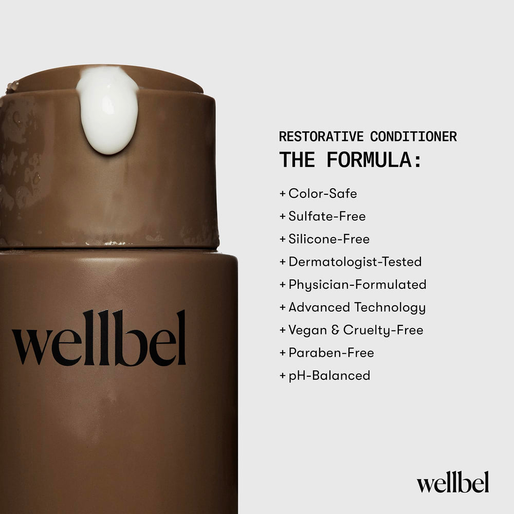 Wellbel Restorative Conditioner frizz-focus image demonstrates tame flyaways without heaviness.