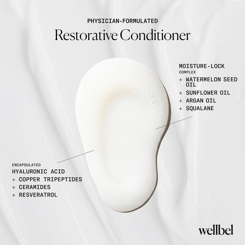 Wellbel Restorative Conditioner texture closeup reveals creamy, lightweight feel suitable for daily use.